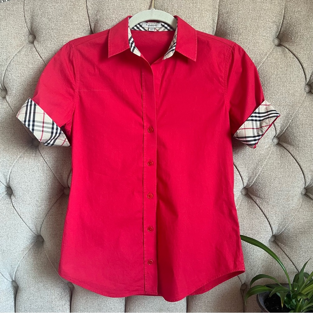 🇬🇧 Burberry red button down cotton shirt sleeve shirt XS novacheck